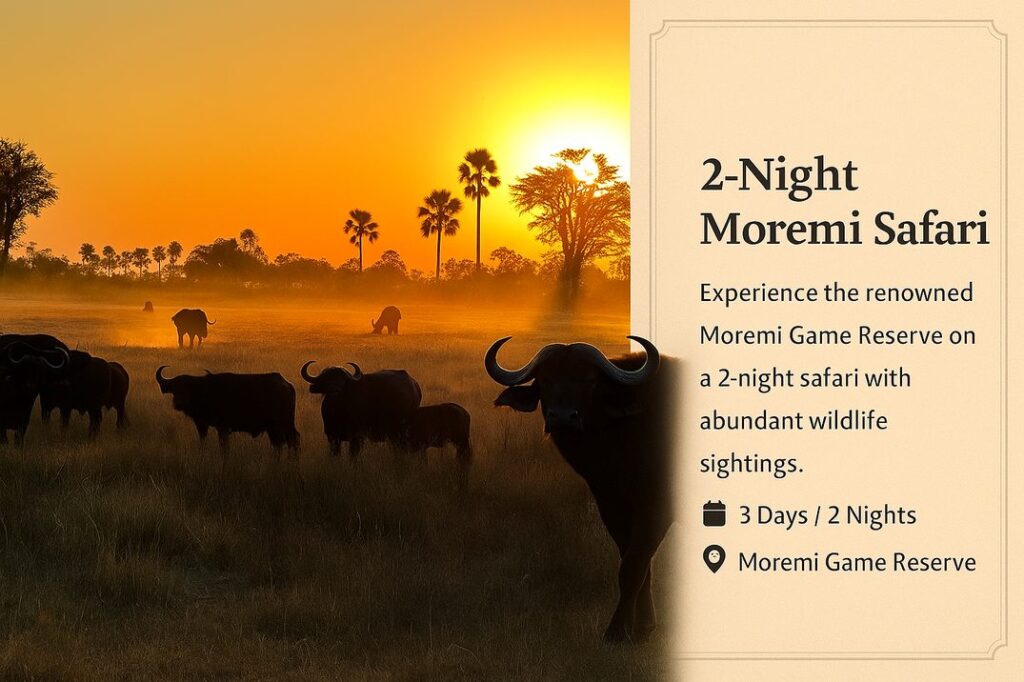 2-night Moremi Game Reserve safari package with guided game drives and wildlife viewing in Botswana.