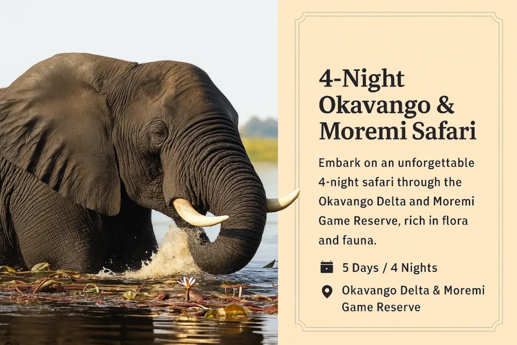 4-night Okavango and Moremi safari package combining mokoro activities and guided game drives in Botswana.
