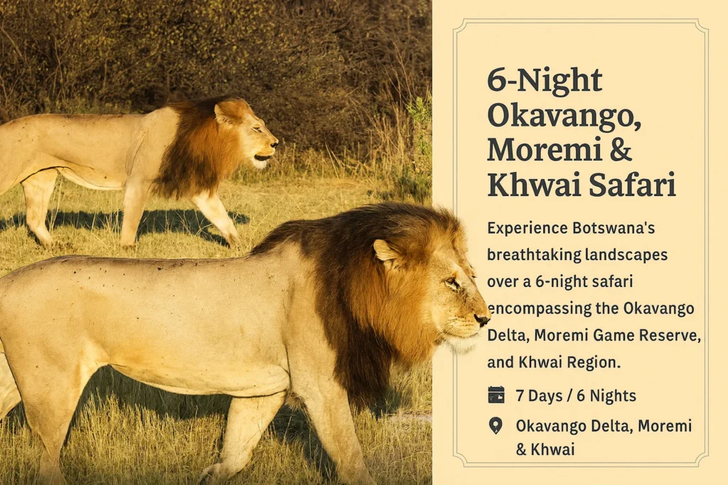 6-night Okavango, Moremi and Khwai safari itinerary with mokoro excursions, game drives and camping across Botswana’s top wildlife regions.
