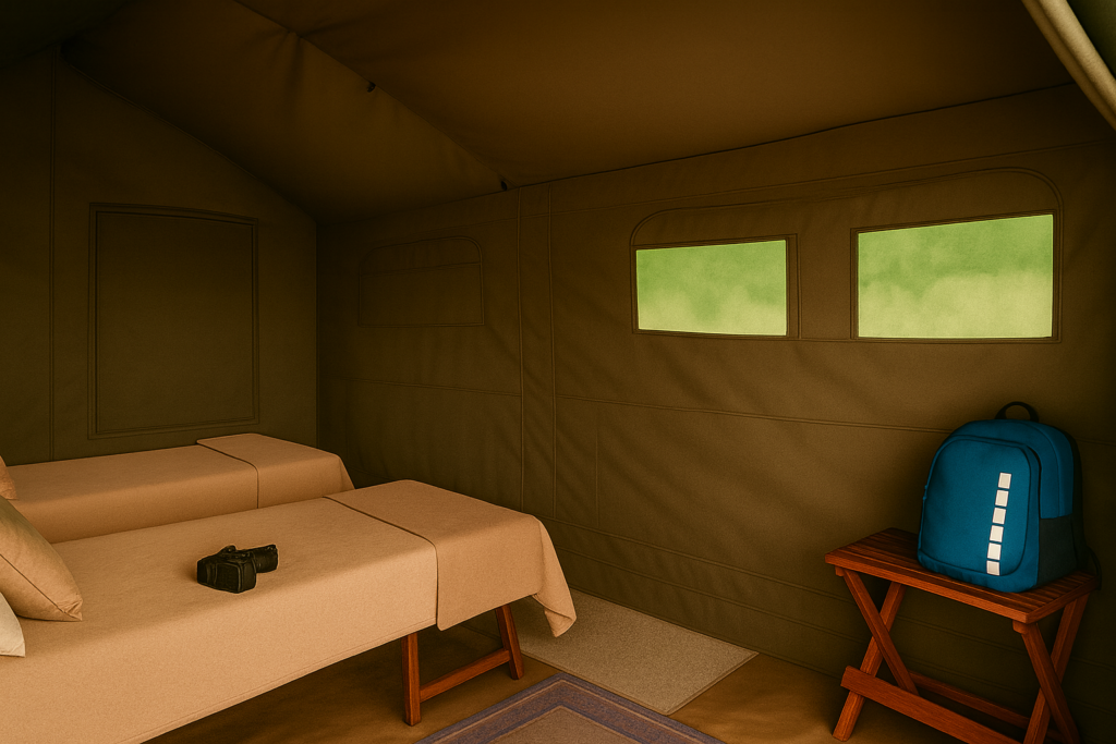 Interior of an en-suite Meru safari tent with twin beds at a mobile camp in Botswana.