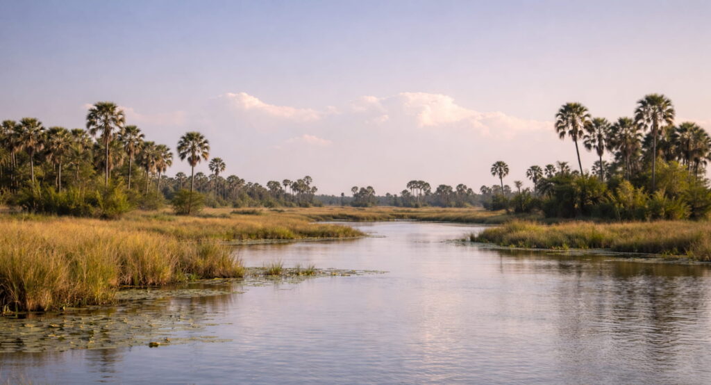 Okavango Delta landscape with palm islands and water channels